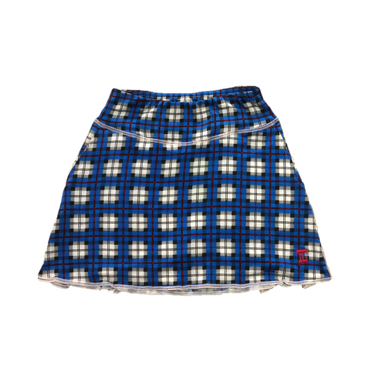 LS-043D || Skirt Blue with Red Lined Black, Grey & White Tartan Motif 2 Side Pockets & Pleated Rear Panel