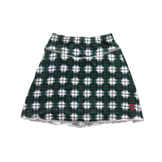 LS-043E || Skirt Dark Green with Red Lined Black, Grey & White Tartan Motif 2 Side Pockets & Pleated Rear Panel