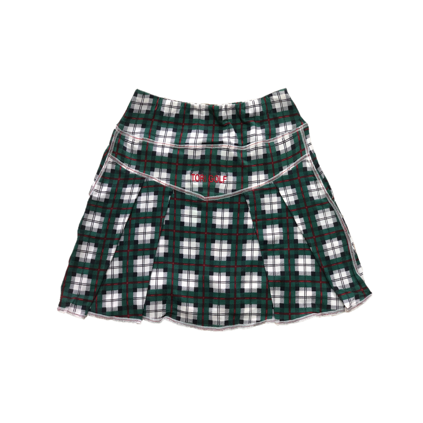 LS-043E || Skirt Dark Green with Red Lined Black, Grey & White Tartan Motif 2 Side Pockets & Pleated Rear Panel