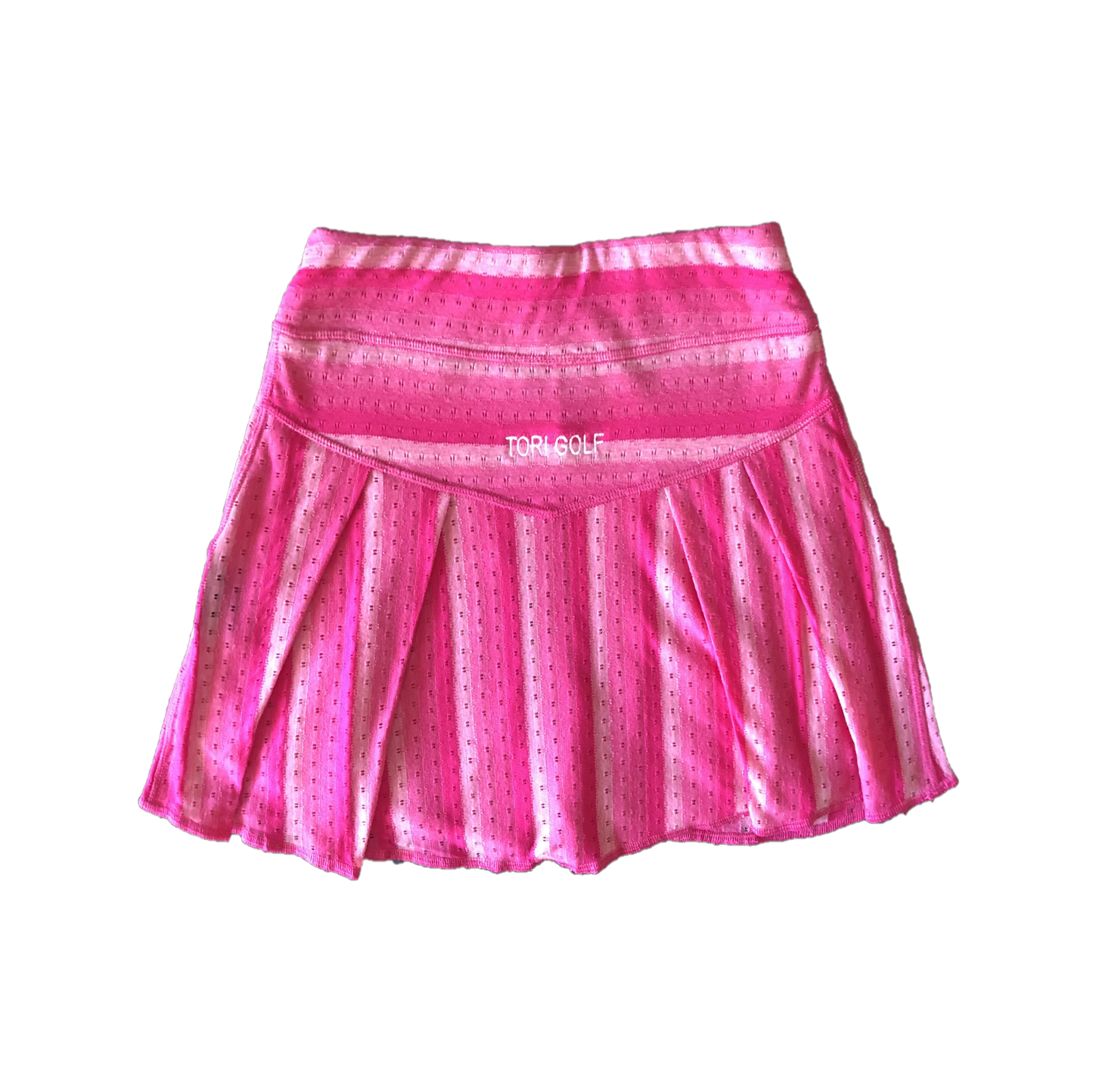 LS-043H || Ladies Skirt Dark Pink With Light Pink Vertical Stripes (Horizontal At Waist Band) And A Small Horizontal = Breathing Openings All Around Pleated Rear Panel And 2 Side Pockets.