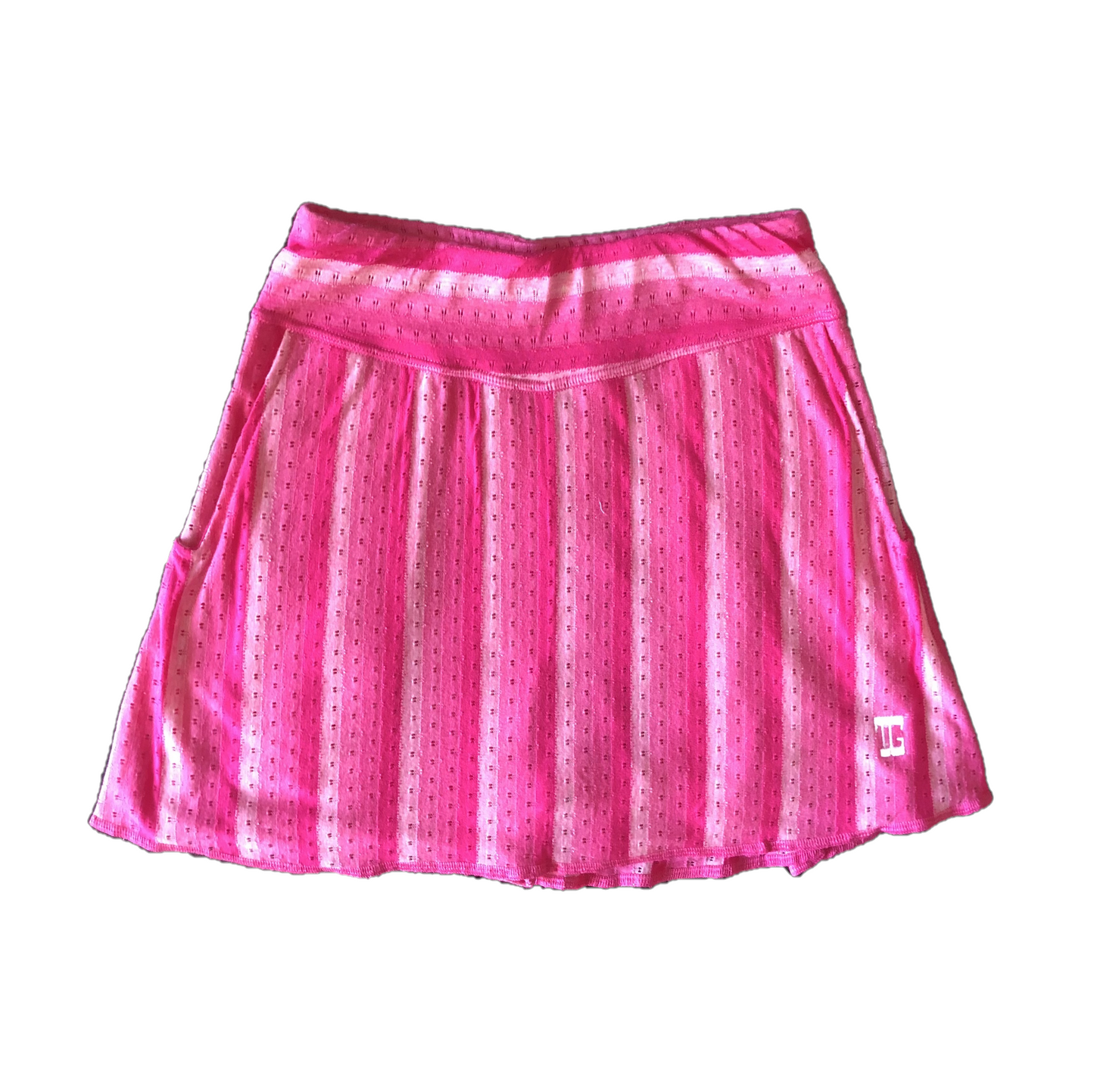 LS-043H || Ladies Skirt Dark Pink With Light Pink Vertical Stripes (Horizontal At Waist Band) And A Small Horizontal = Breathing Openings All Around Pleated Rear Panel And 2 Side Pockets.