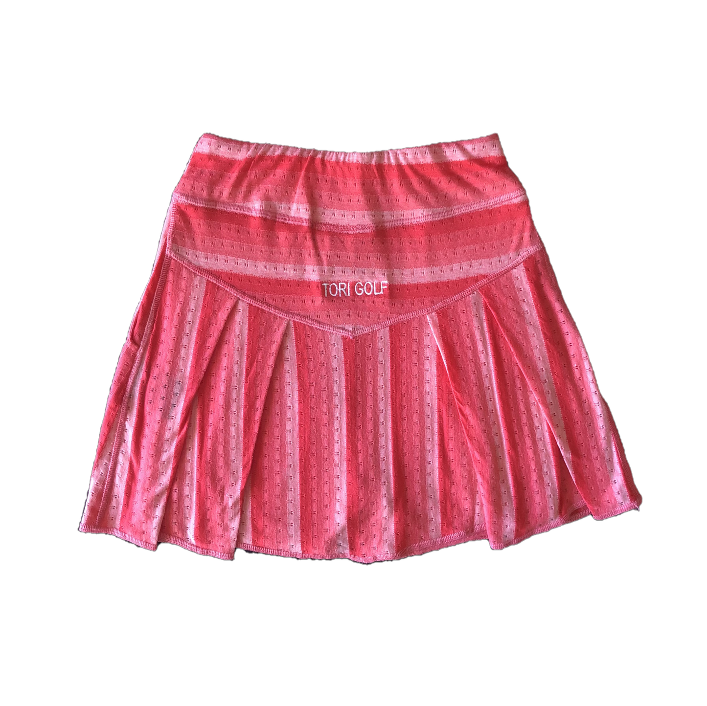 LS-043I || Ladies Skirt Orange With Pink Vertical Stripes (Horizontal At Waist Band) And A Small Horizontal = Breathing Openings All Arround Pleated Rear Peanel And 2 Side Pockets