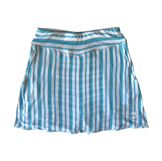 LS-043L || Skirt White w Blue Lace  Combination Stripes 2 Side Pockets & Pleated Rear Panel