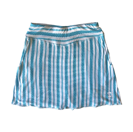 LS-043L || Skirt White w Blue Lace Combination Stripes 2 Side Pockets & Pleated Rear Panel