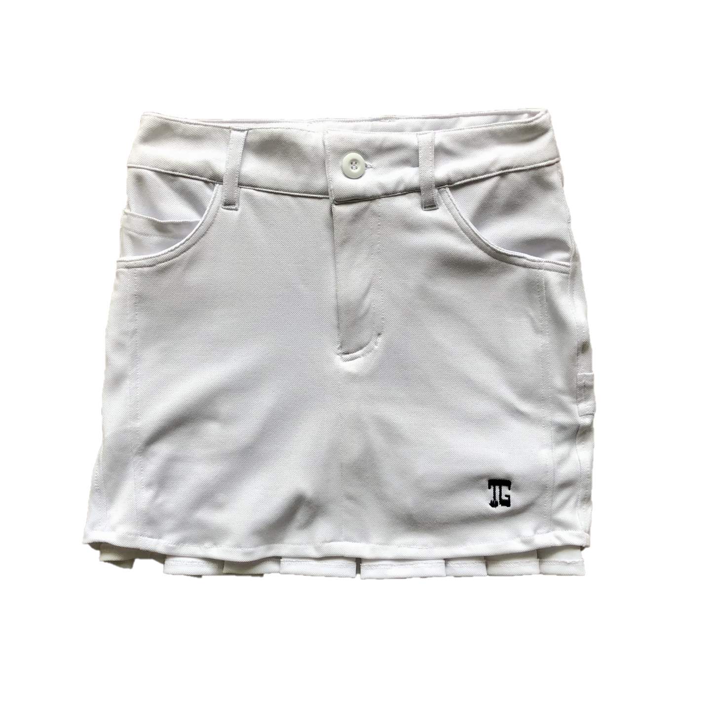 LS-044J || Skirt White Cotton Material with 2 Stitched Round Front Pockets & Pleated Rear Panel