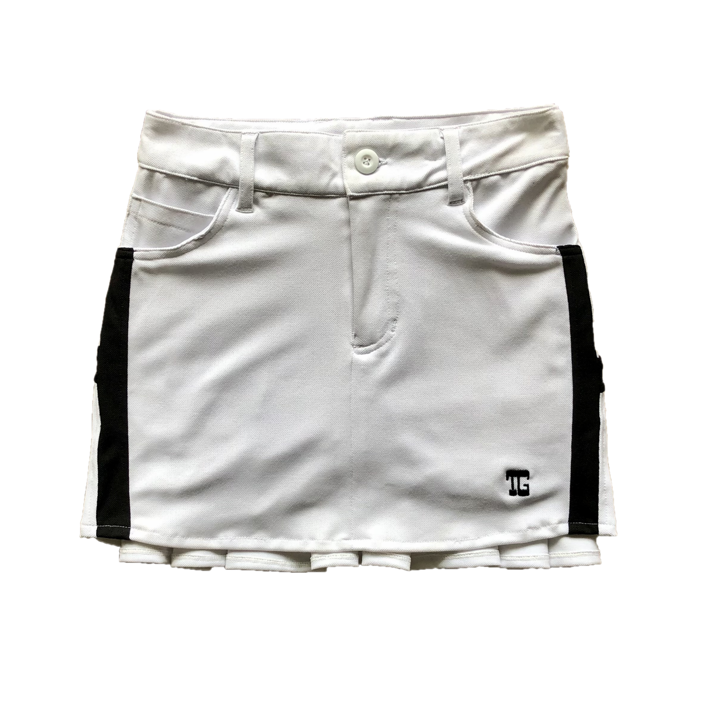 LS-044K || Skirt White with Black Combination Cotton Material with 2 Stitched Round Front Pockets & Pleated Rear Panel