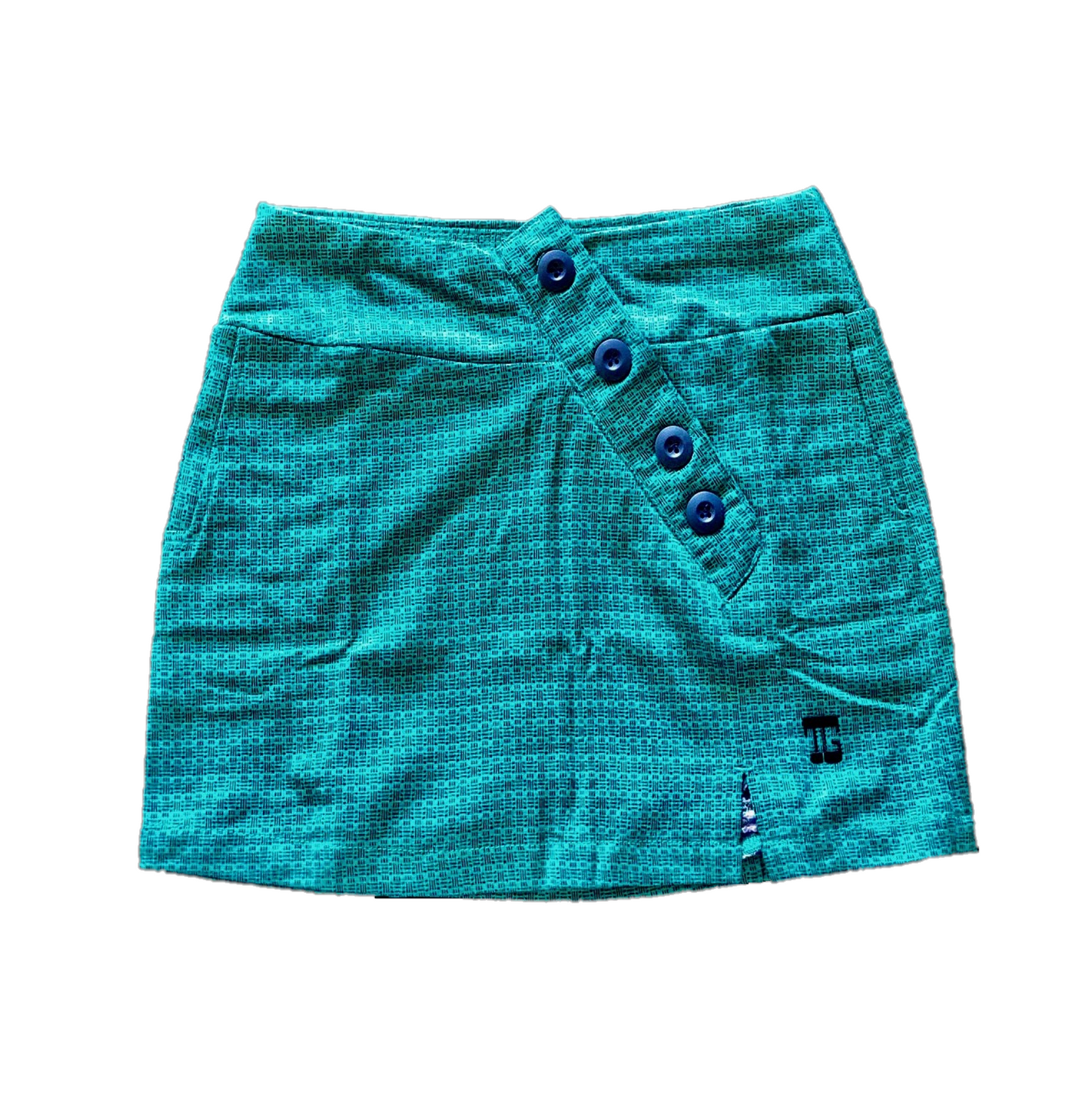 LS-059A || Ladies Skirt Green With Black Vertical / Horizontal Pattern 4 Decorative Buttons Conceals Zipper.