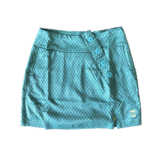 LS-059H || Skirt Dark Green with 3 White Horizontal and 3 Dark Blue Vertical Short Line Motif. 4 Decorative buttons Conceal The Skirt Zipper