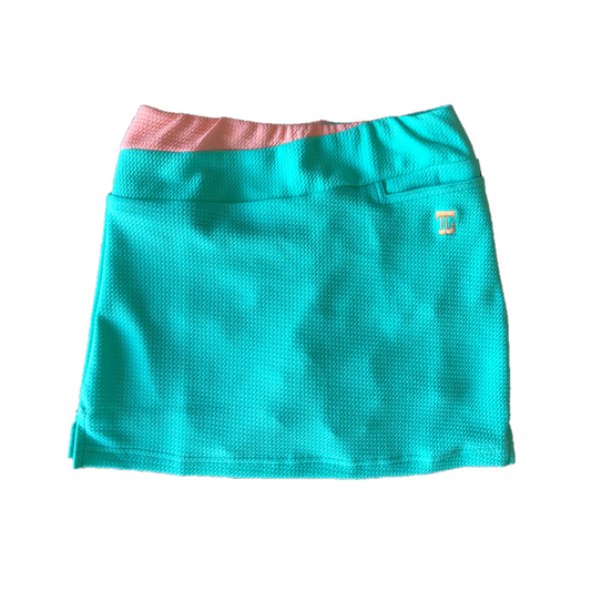 LS-062A || Ladies Skirt Mid Green Bubble Seersucker  Texture Pale Orange Waist Flash with One Front and 2 Rear Pockets