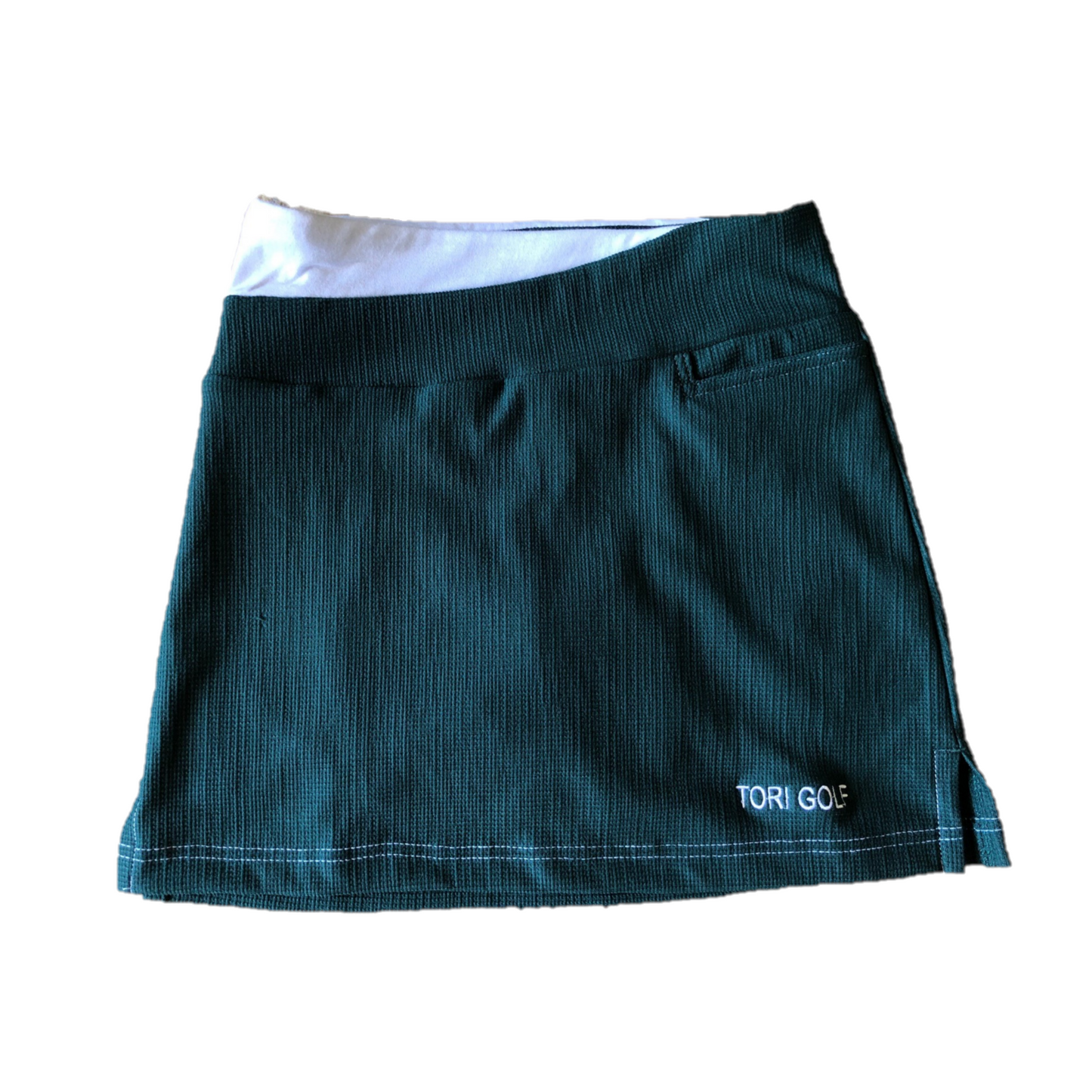 LS-062E || Ladies Skirt Bottle Green Hessian Texture with White Waist Flash and Front & Rear Pockets