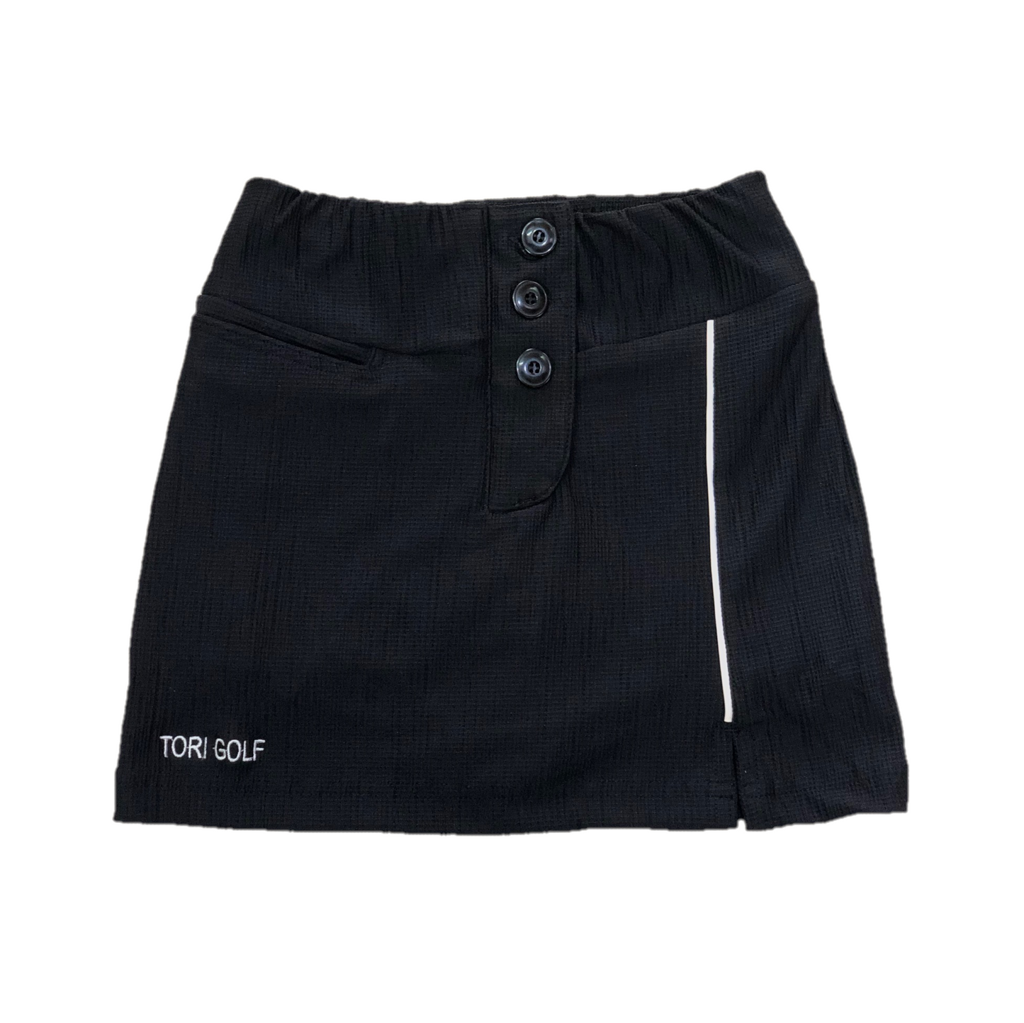 LS-063B || Ladies Skirt Black with One White Pipes Vert Stripe 3  Buttons Concealing Zip Fastening 2 Rear Pockets One Front Pocket