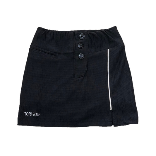 LS-063B || Ladies Skirt Black with One White Pipes Vert Stripe 3 Buttons Concealing Zip Fastening 2 Rear Pockets One Front Pocket