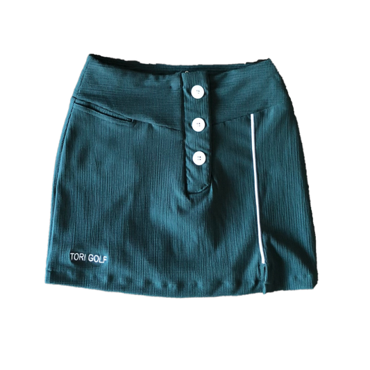 LS-063C || Ladies Skirt Bottle Green Hessian Texture With One White Pipes Vert Stripe 3 Buttons Concealing Zip Fastening 2 Rear Pockets One Front Pocket