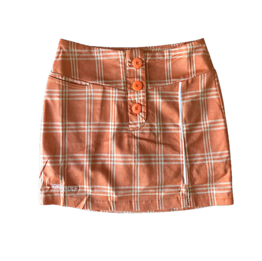 LS-063D || Ladies Skirt Burnt Orange With White Triple Lined Square Outlines and One Piped White Vertical Stripes 3 Buttons Concealing Zip Fastening 2 Rear Pockets and 1 Round Pockets