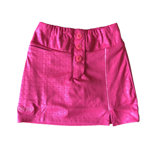 LS-063E || Ladies skirt dark pink with silvery pink faux embossed motif one white piped vert stripe 3  buttons concealing zip fastening 2 rear pockets one front pocket .