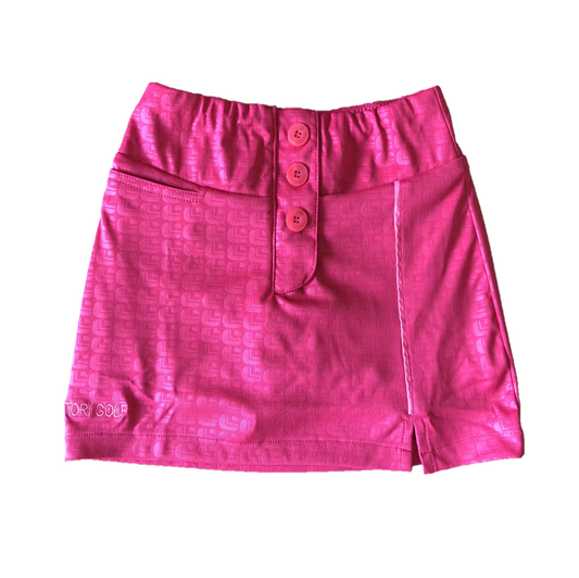 LS-063E || Ladies skirt dark pink with silvery pink faux embossed motif one white piped vert stripe 3 buttons concealing zip fastening 2 rear pockets one front pocket .