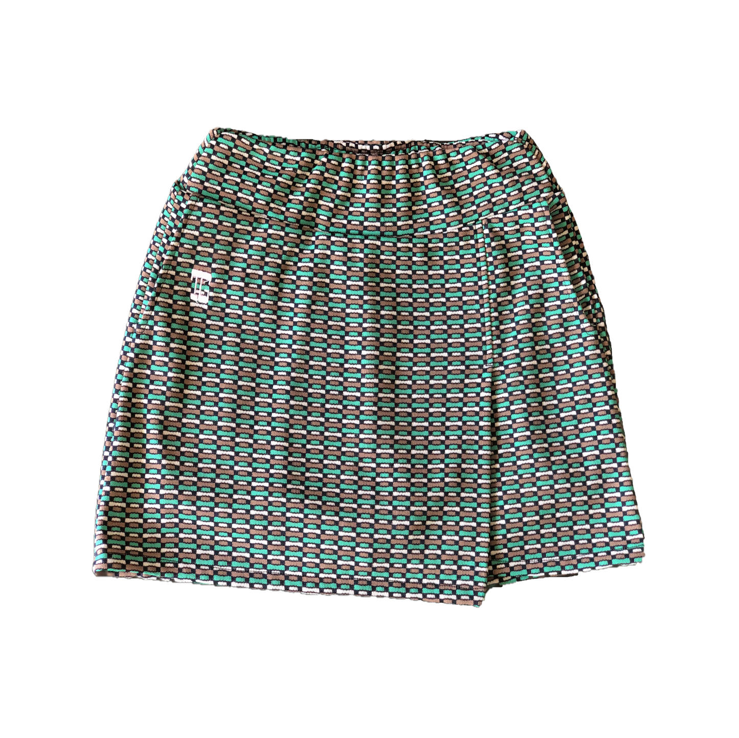 LS-066C || Ladies Skort Green, White, Black & Brown Horiz Rectangle Motif 2 Side and One Rear Pockets