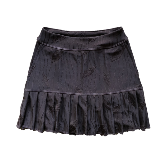 LS-075A || Skirt Soft Swing Style Short Pleated Swing Hem 2 Side Pockets Dark Brown with Embossed Leaf Motif and Dark Brown Fine Vertical Embossed Stripes