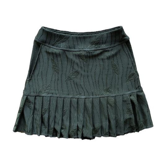 LS-075B || Skirt Soft Swing Style Short Pleated Swing Hem 2 Side Pockets Dark Olive Green with Embossed Leaf Motif and Dark Olive Green Fine Vertical Embossed Stripes