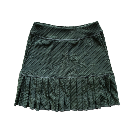 LS-075 || Skirt Soft Swing Style Short Pleated Swing Hem 2 Side Pockets Dark Olive Green with Embossed Floral Motif and Diagonal Embossed Stripes