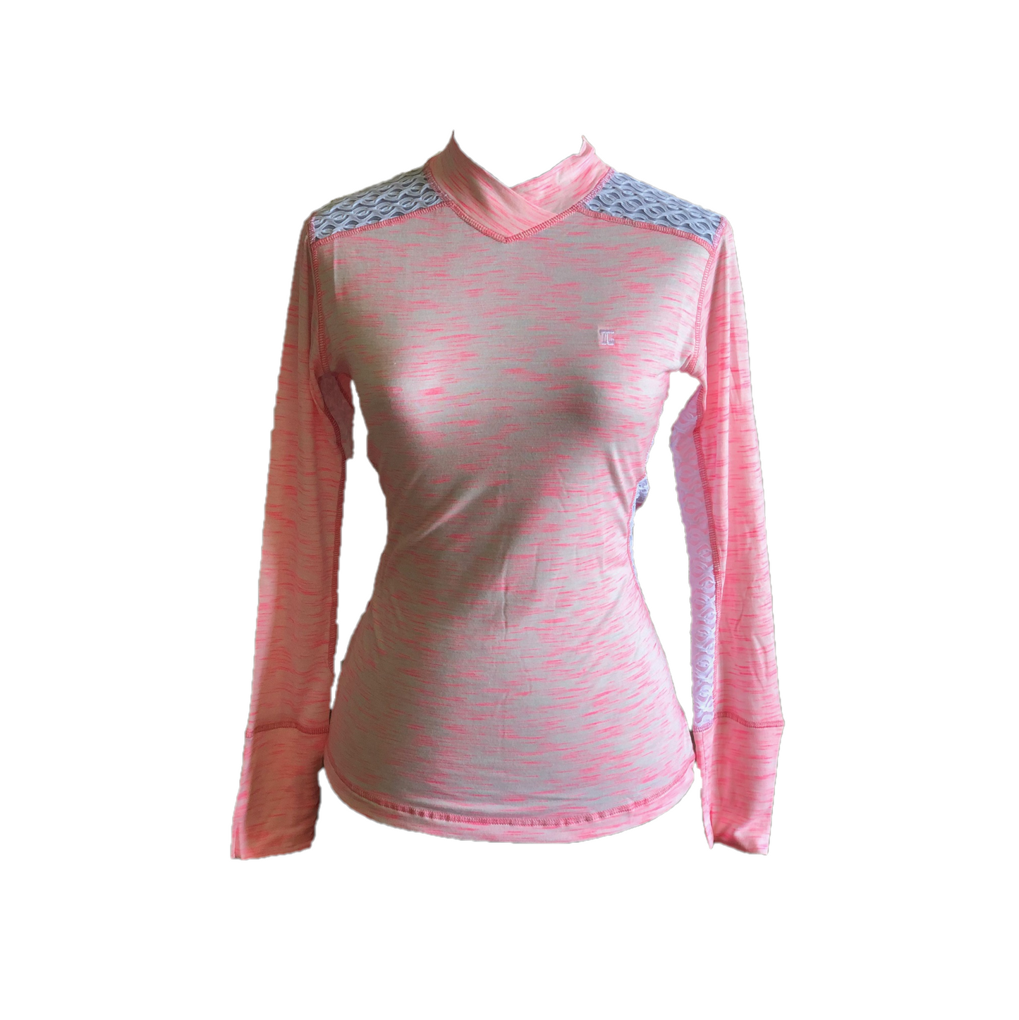 LT-100C || Ladies Top Mid Pink with White Faux Lace Side Panels & Shoulder Slash V Feature Collar Panel Neck