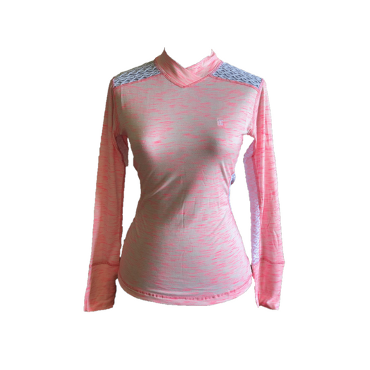 LT-100C || Ladies Top Mid Pink with White Faux Lace Side Panels & Shoulder Slash V Feature Collar Panel Neck