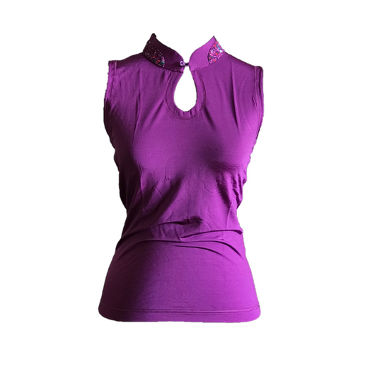 LT-067D || Ladies Top Dark Purple Sleeveless Teardrop Neck with Purple Geometric Flash