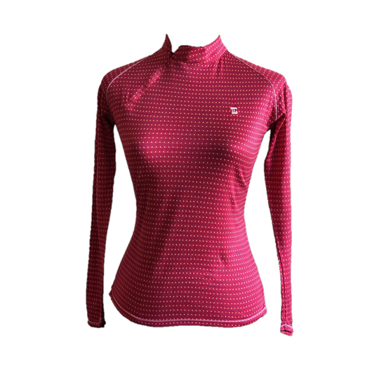 LT-069G || Ladies Top Dark Red With Very Small Dark Blue And Yellow Vertical Dash In Horizontal Bands Long Sleeve.