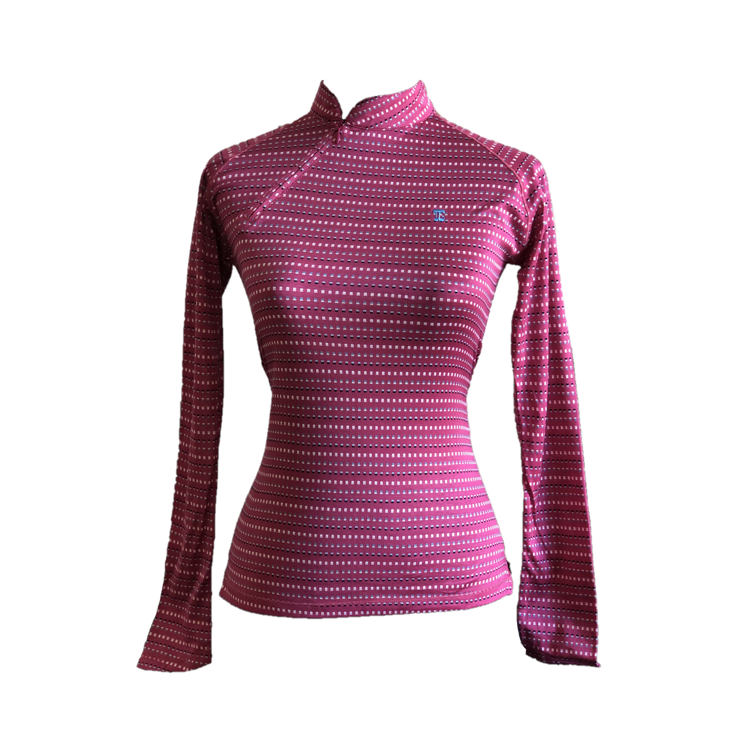 LT-069J || Ladies Top Dark Pink with Blue, Black & White Small Rectangles in Stripe Rows Angle Zip Turtleneck L Sleeve