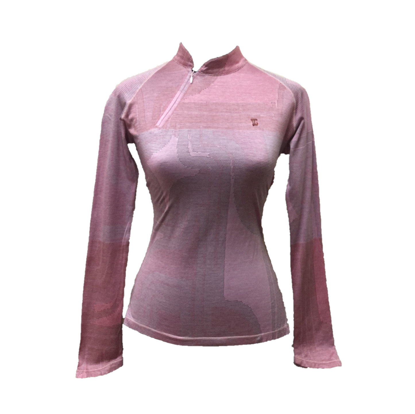 LT-069K || Ladies Top Pink with Fine Brown Horizontal Stripes Angle Zip Turtleneck L Sleeve