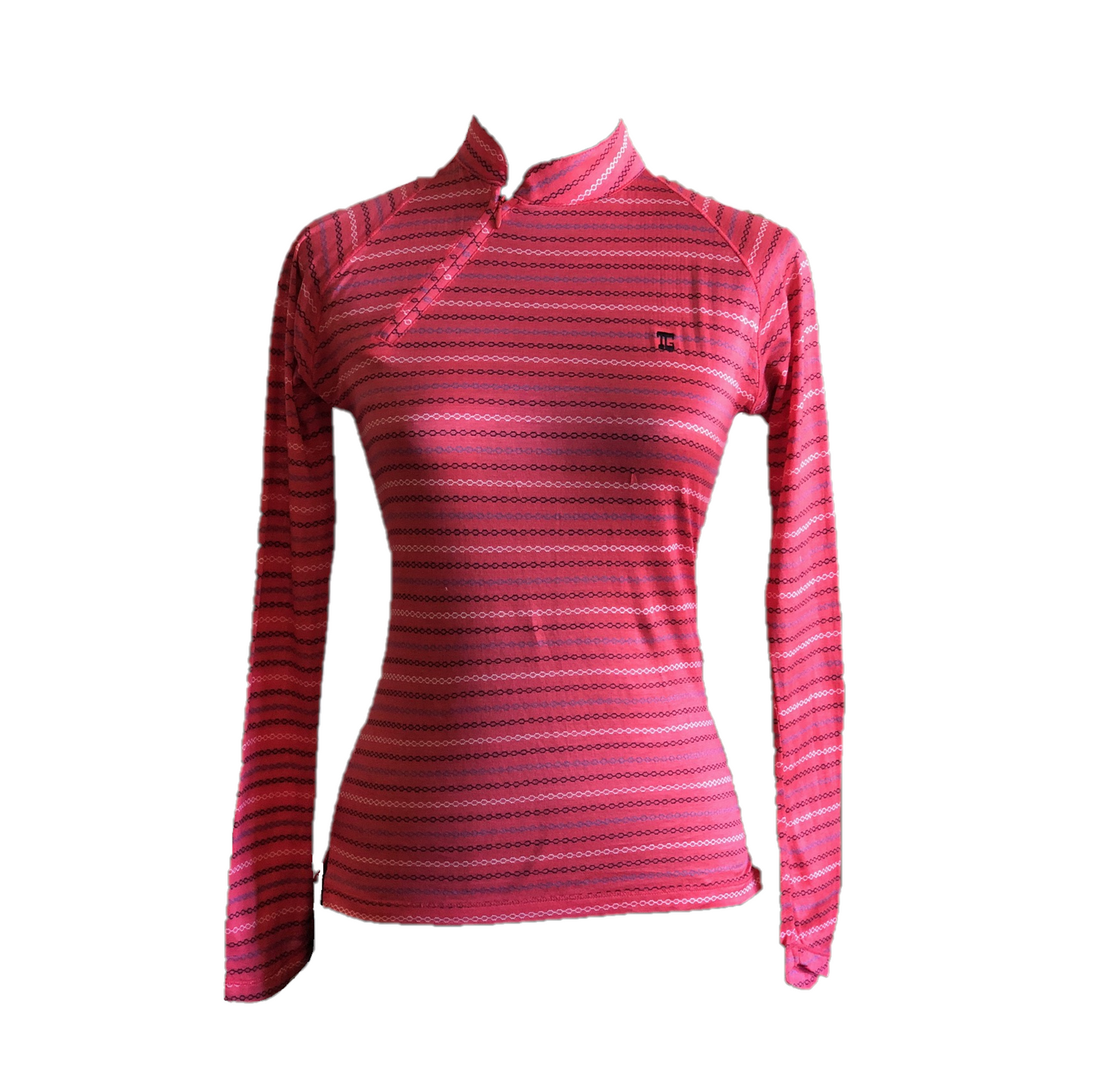 LT-069L || Ladies Top Orange / Pink  with White, Black & Blue Horizontal Chain Pattern Angle Zip Turtleneck L Sleeve