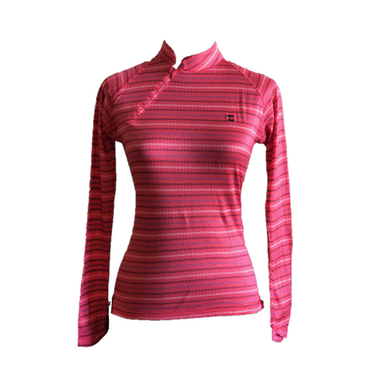 LT-069L || Ladies Top Orange / Pink with White, Black & Blue Horizontal Chain Pattern Angle Zip Turtleneck L Sleeve