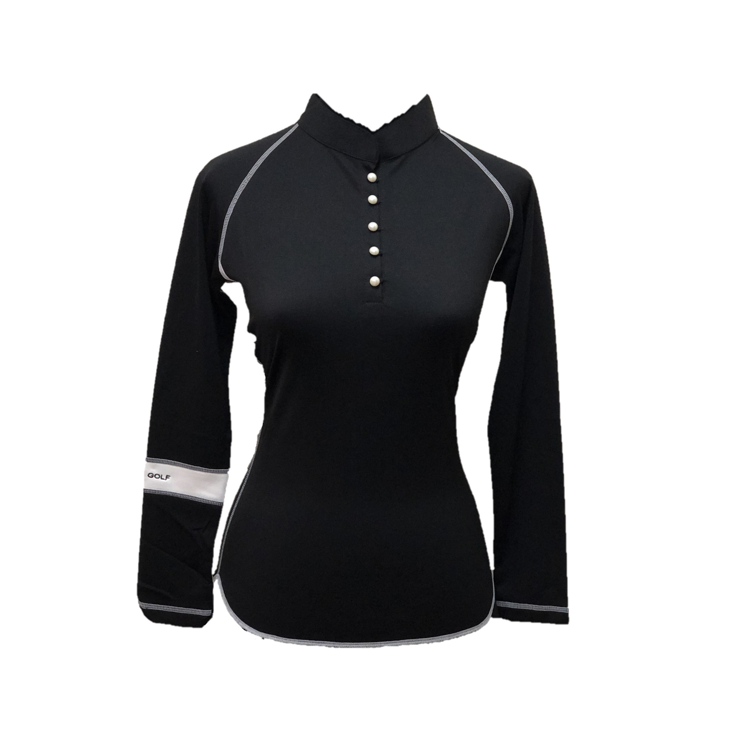 LT-072A || Ladies Top Black with button Mandarin Neck & White Band One Arm LS