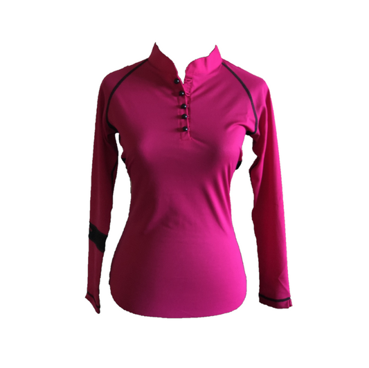 LT-072B || Ladies Top Pink with Button Mandarin Neck & Black Band One Arm Long Sleeve