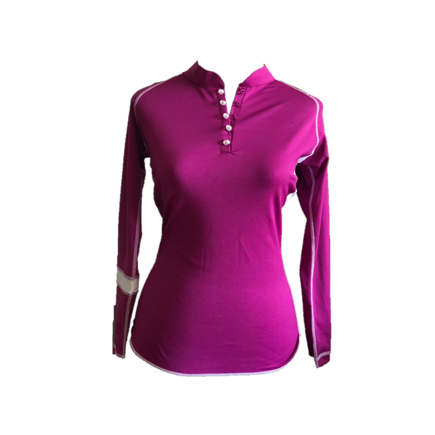 LT-072C ||  Ladies Top Dark Mauve with White Pearl Button Mandarin Neck and Long Sleeves White Band One Arm Sleeve