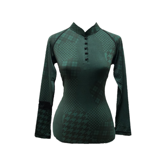 LT-072E || Ladies Top Dark Green and Black Mixed Motif  with Black Pearl Button Mandarin Neck and Long Sleeves Black Band One Arm Sleeve