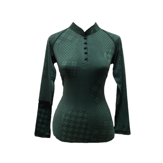 LT-072E || Ladies Top Dark Green and Black Mixed Motif with Black Pearl Button Mandarin Neck and Long Sleeves Black Band One Arm Sleeve