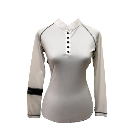 LT-072 || Ladies Top White with Button Mandarin Neck & Black Band One Arm Long Sleeve