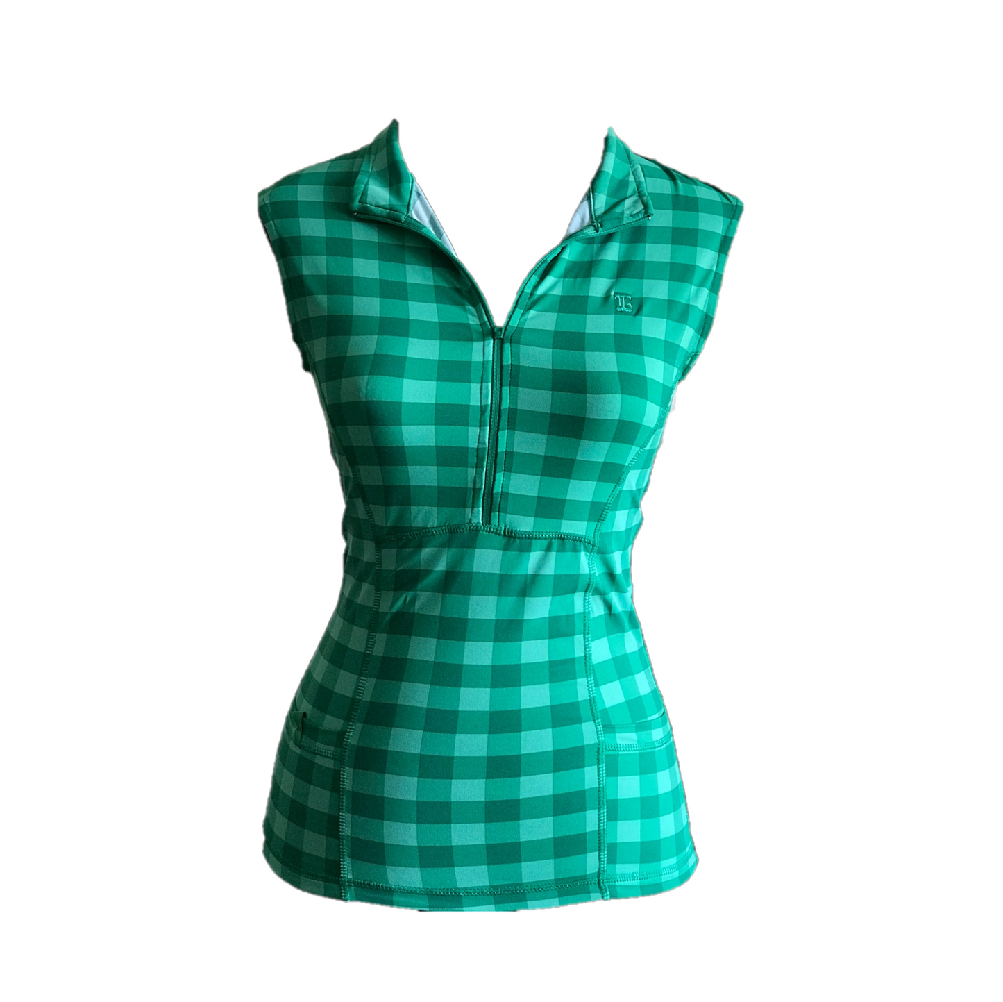 LT-086A || Ladies Top White/Green Square Pattern with Zipper Sleeveless