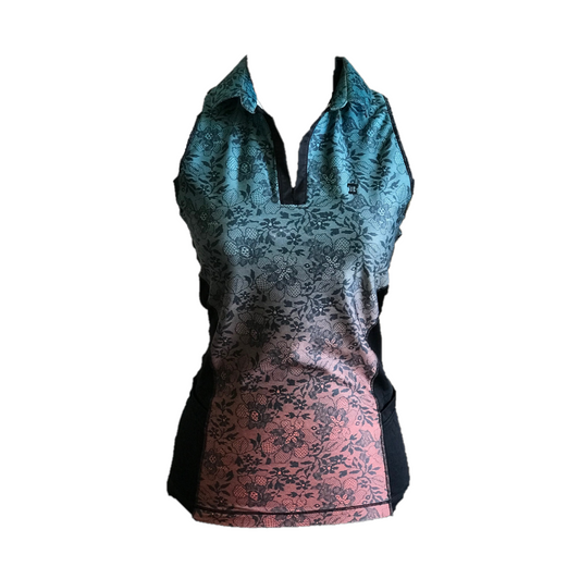 LT-087 || Ladies Top Silver Green/Blue with Flower Leaf Batik Motif Graduated Copper Color Front Panel Black Side Panels Sleeveless V Collar