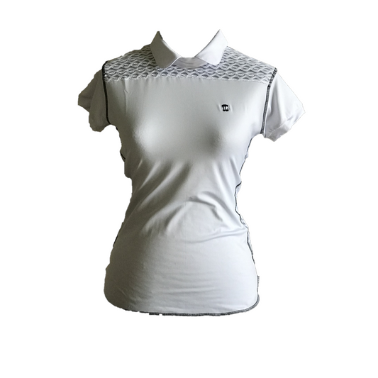 LT-089A || Ladies Top White With Faux Lace Shoulder Saddle On Front and Side Panel Rear Zip Petter Pan Collar