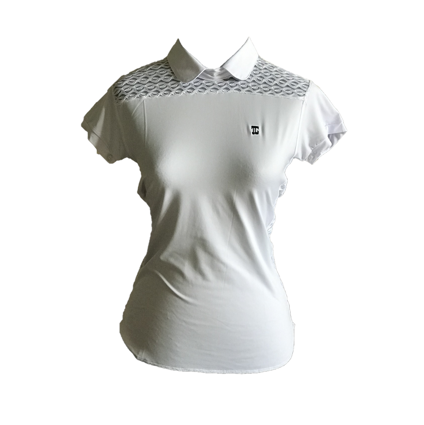 LT-089 || Ladies Top White With Faux Lace Shoulder Saddle on Front and Side Panels -  Rear Zip Peter Pan Collar