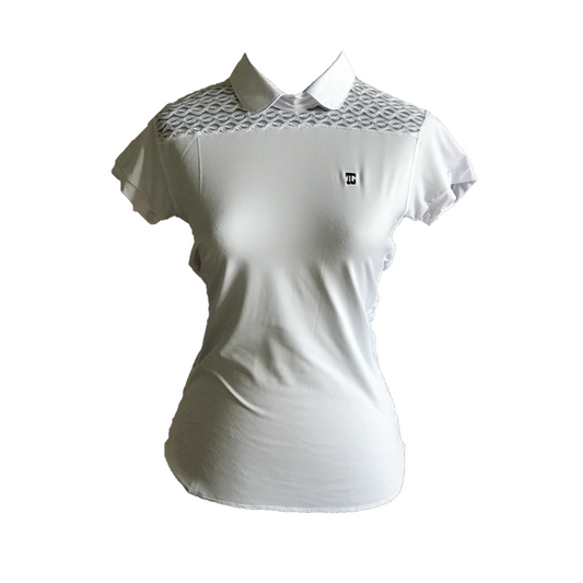 LT-089 || Ladies Top White With Faux Lace Shoulder Saddle on Front and Side Panels - Rear Zip Peter Pan Collar