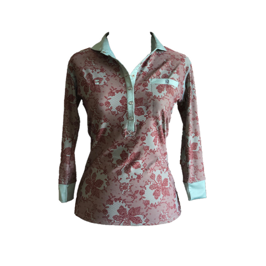 LT-090B || Ladies Top Pale Green and Brown Flower Pattern  & Pale Green  Trim 3/4 Sleeves and Snap Pearl Buttons