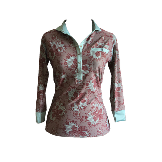 LT-090B || Ladies Top Pale Green and Brown Flower Pattern & Pale Green Trim 3/4 Sleeves and Snap Pearl Buttons