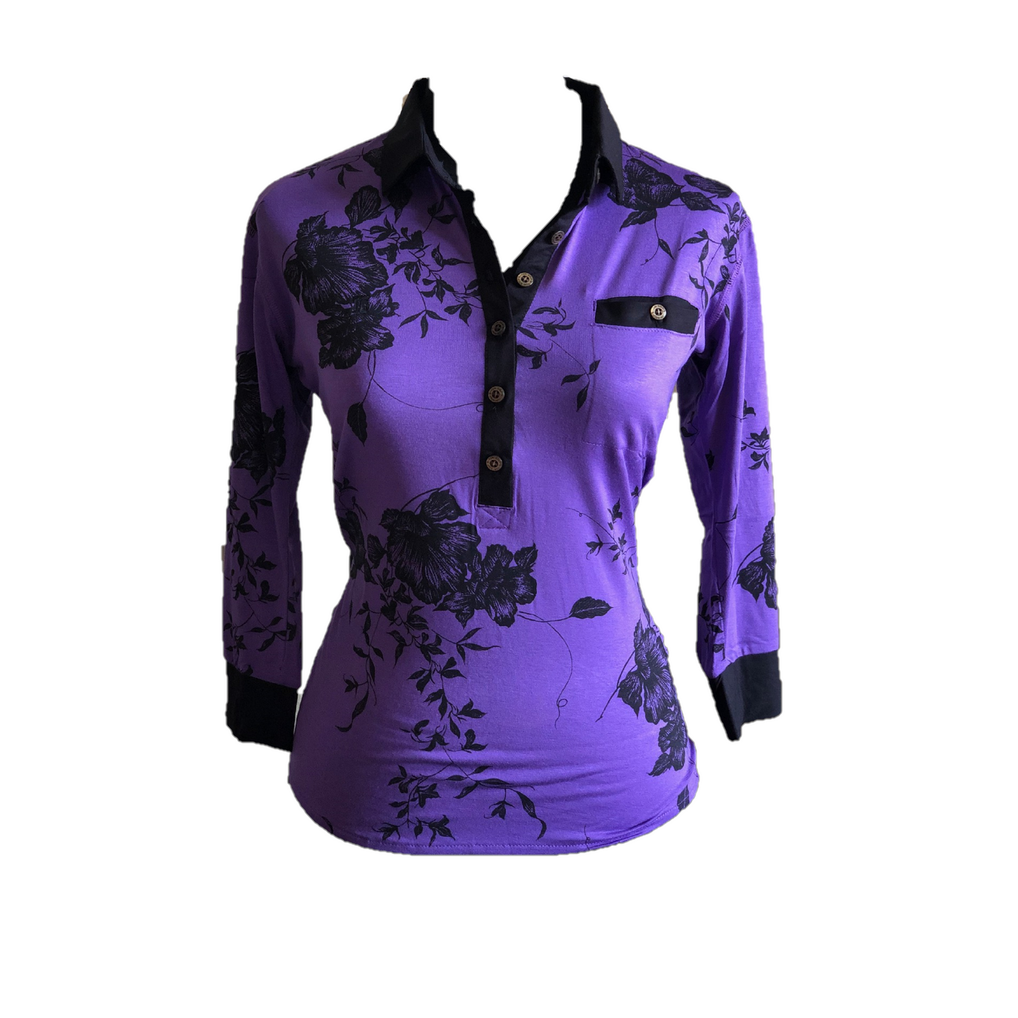 LT-090C || Ladies Top Purple W Black Flower Batik And  Black  Trim 3/4 Sleeves And Snap Pearl Buttons.