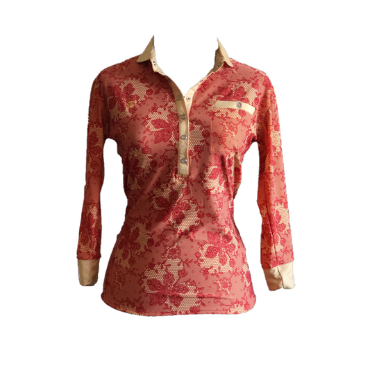 LT-090D || Ladies Top Light Orange and Dark Orange Flower Pattern with Light Green Trim 3/4 Sleeves and Snap Pearl Buttons.