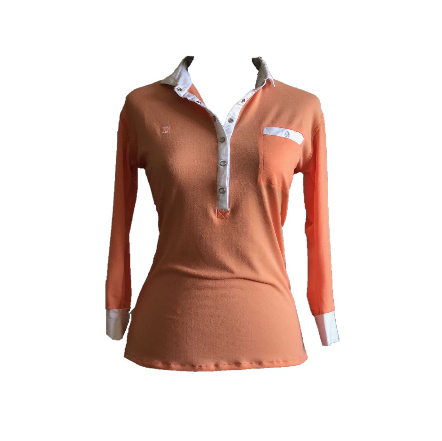 LT-090E || Ladies Top Apricot  with  White Trim 3/4 Sleeves and Snap Pearl Buttons