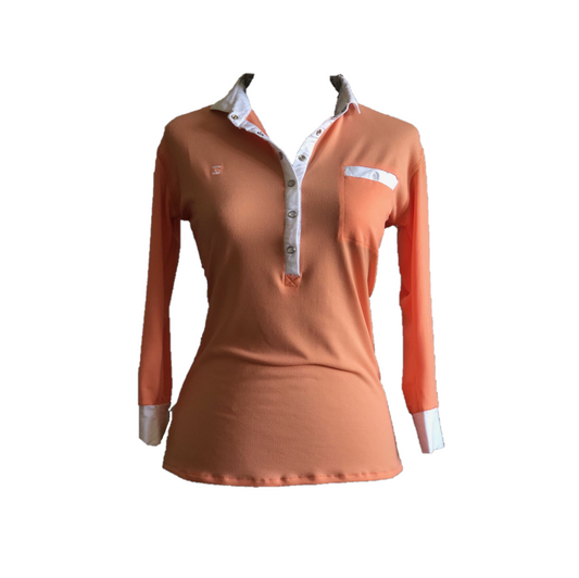 LT-090E || Ladies Top Apricot with White Trim 3/4 Sleeves and Snap Pearl Buttons