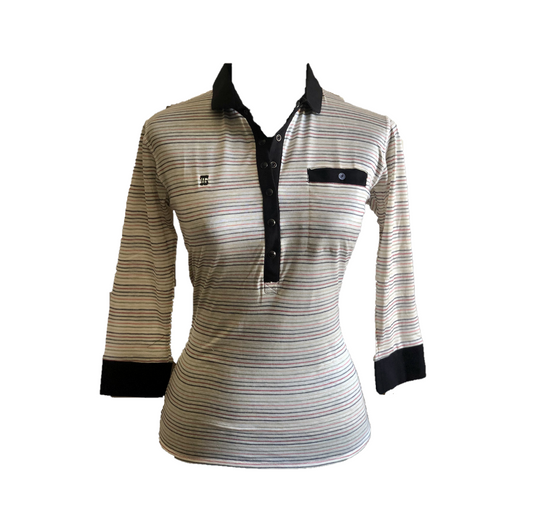 LT-090G || Ladies Top Of White With Fine Horizontal Wafe Multicolour Stripes and Black Trim 3/4 Sleeve and Snap Pearl Button